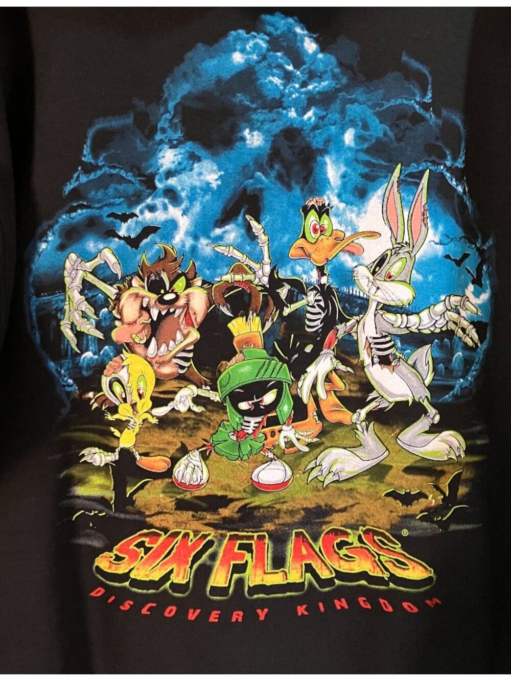 Six Flags Mens Vintage Y2K Fright Fest Looney Tunes Hoodie Size XL Black FA NWOT